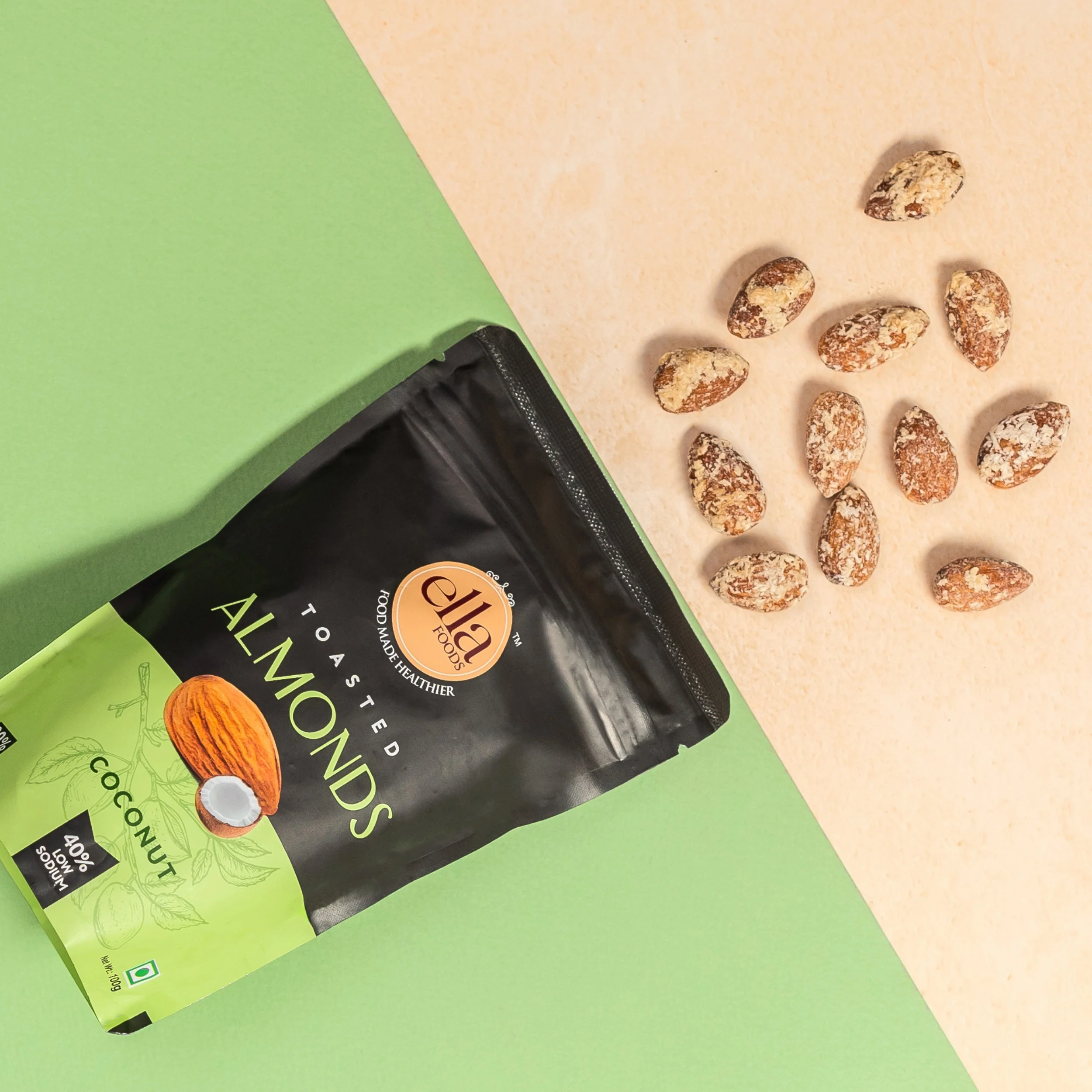 Ella Foods Assorted Nut Pack (Pack of 3 x 100g) | Peri Peri Almonds, Coconut Toasted Almonds & Chilli Lime Cashews | 40% Low Sodium | Roasted & Flavoured Nuts | 6-Month Shelf Life - Image 5