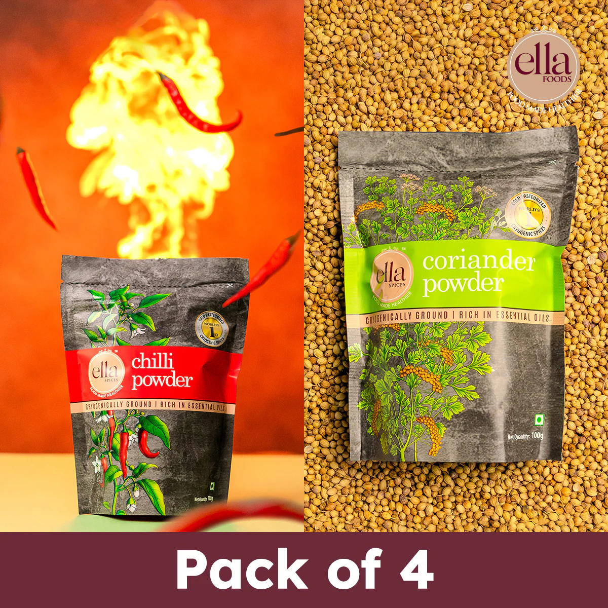Ella Foods Chilli & Coriander Powder Combo | Pack of 4 (100g Each) | 2 x Chilli + 2 x Coriander | Cryogenically Ground Spices | 100% Pure | 18-Month Shelf Life | No Additives - Image 6
