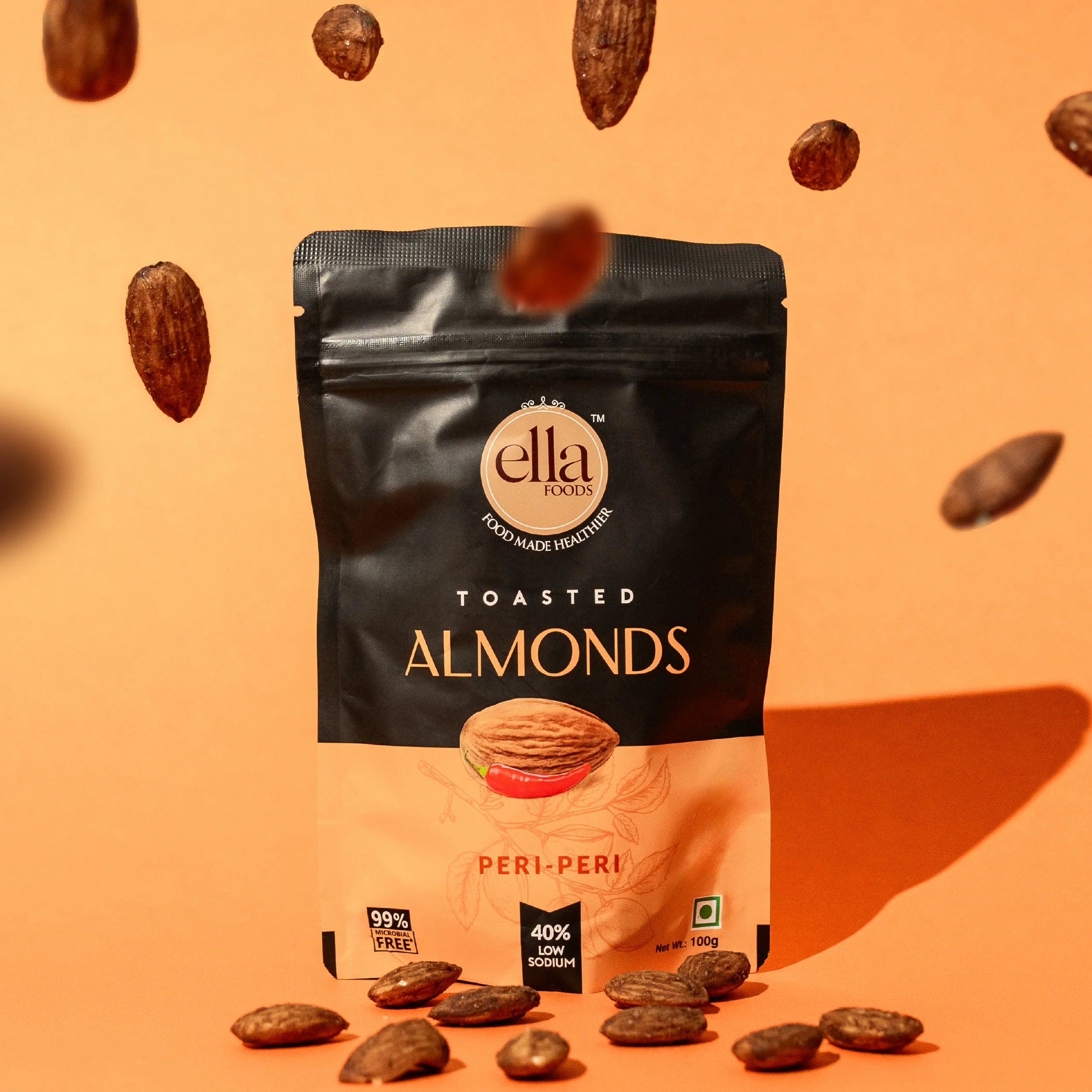 Ella Foods Salted Cashews & Peri Peri Almonds Combo | Pack of 2 x 100g | 40% Low Sodium Salt | Roasted Nut Snacks | Classic & Spicy Flavours | 6-Month Shelf Life - Image 7