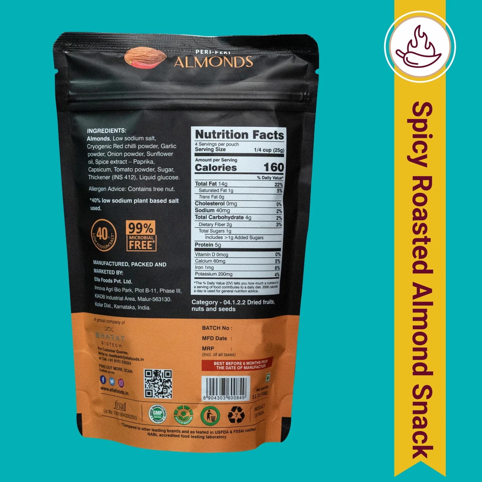 Ella Foods Chilli Lime Cashews & Peri Peri Almonds Combo | Pack of 2 x 100g | 40% Low Sodium Salt | Roasted Nut Snacks | Tangy & Spicy Flavours | 6-Month Shelf Life - Image 6