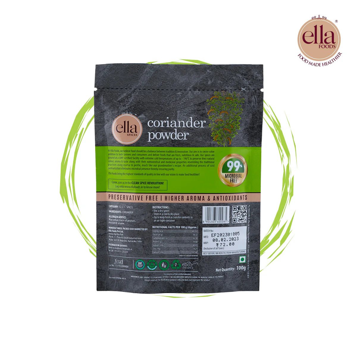 Ella Foods Coriander (Dhaniya) Powder | Pack of 4 (100g Each) | 100% Pure & Natural | Cryogenically Ground | 18-Month Shelf Life | No Additives or Fillers - Image 9