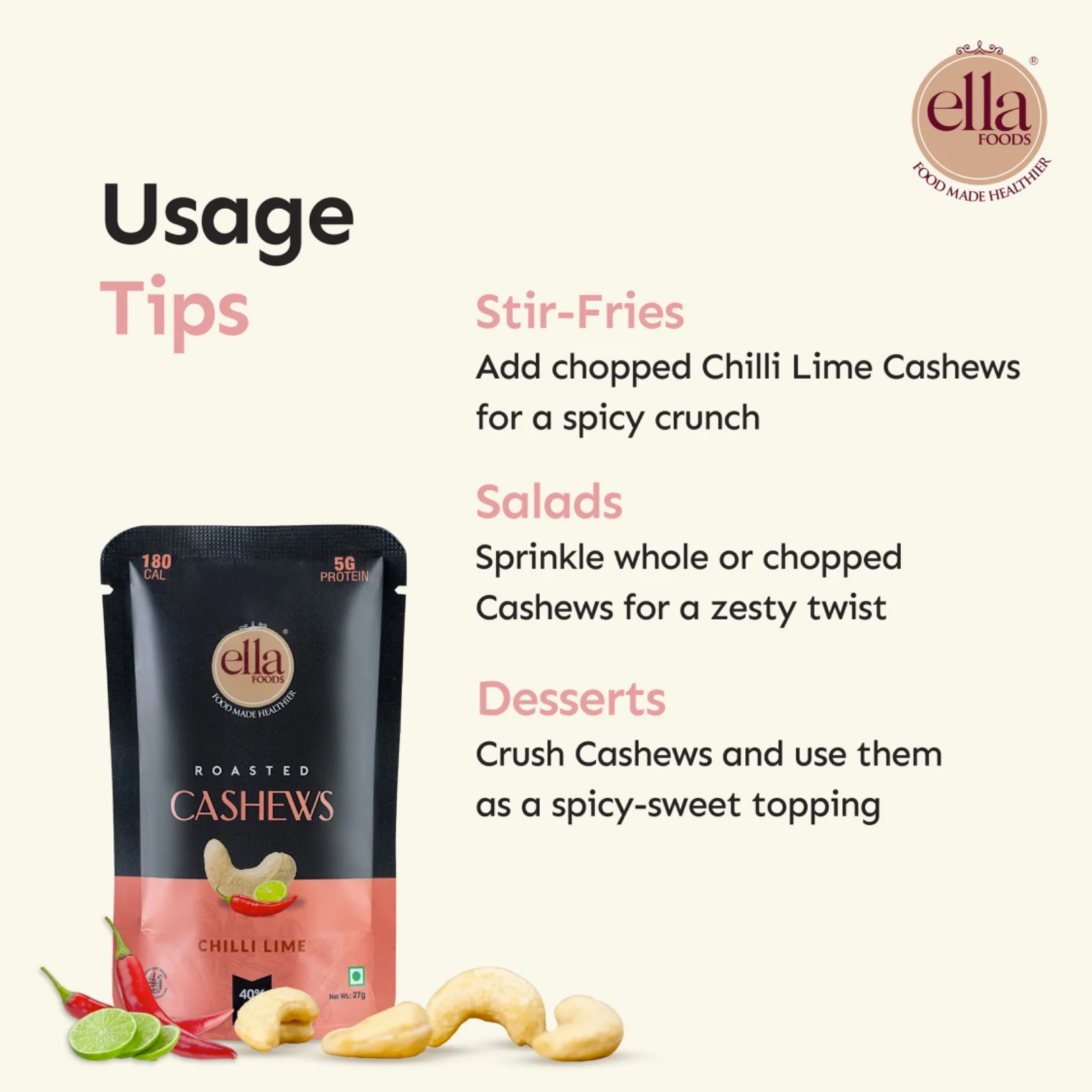 Ella Foods Chilli Lime Cashews Mini Pack (5 x 27g) | Tangy & Spicy Roasted Cashew Snack | 40% Low Sodium | Travel-Friendly | 6-Month Shelf Life - Image 4