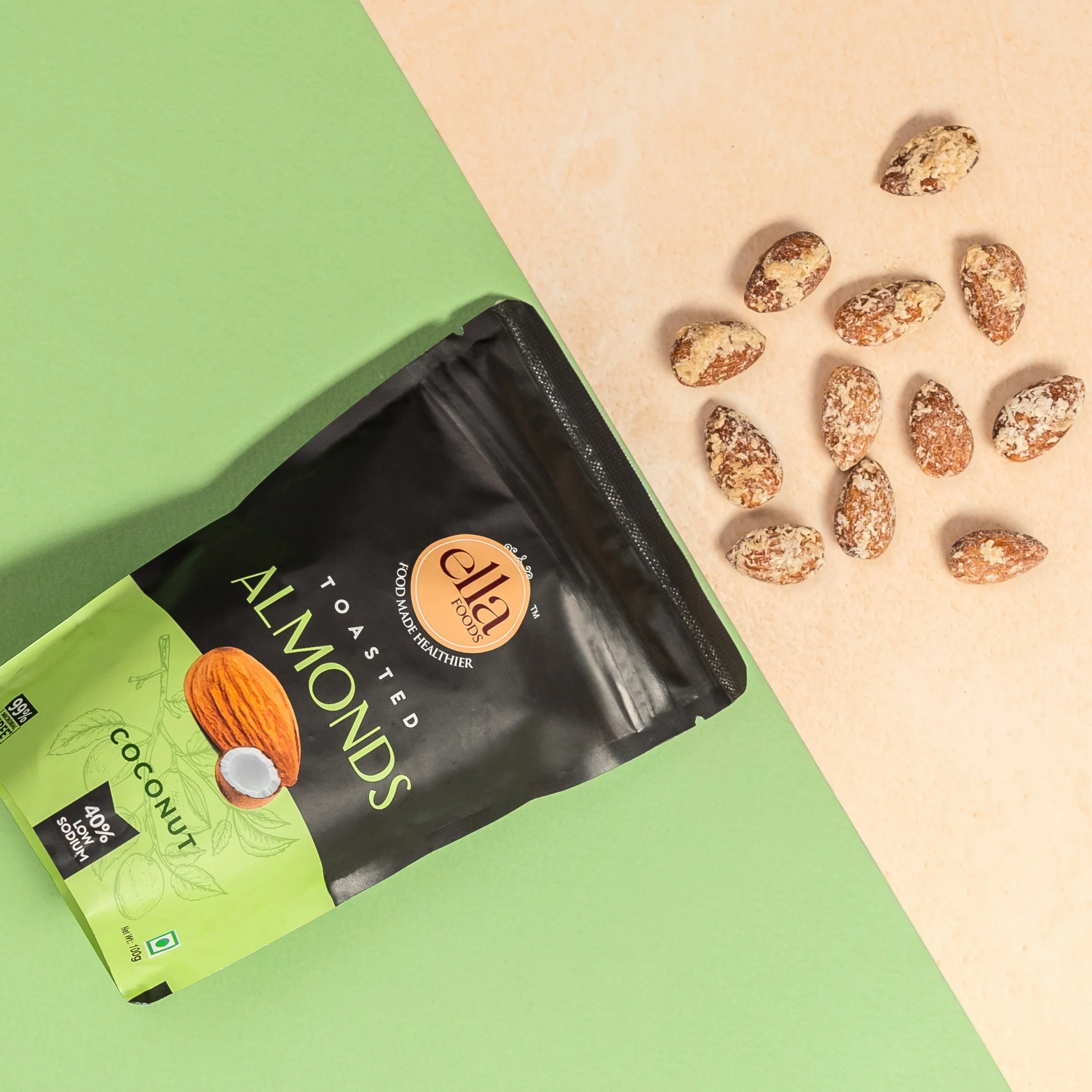 Ella Foods Coconut Toasted Almonds & Chilli Lime Cashews Combo | Pack of 2 x 100g | 40% Low Sodium Salt | Roasted Nut Snacks | Sweet Coconut & Tangy Spicy Flavours | 6-Month Shelf Life - Image 2