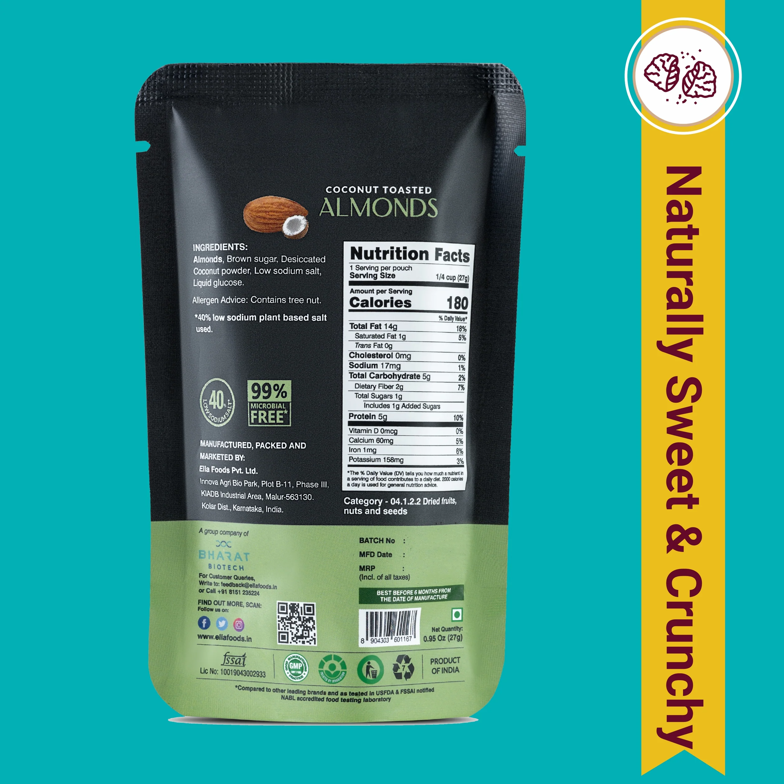 Ella Foods Coconut Toasted Almonds Mini Pack (5 x 27g) | Roasted Almond Snack | 40% Low Sodium | Naturally Sweet & Crunchy | Healthy On-the-Go Snack | 6-Month Shelf Life - Image 2