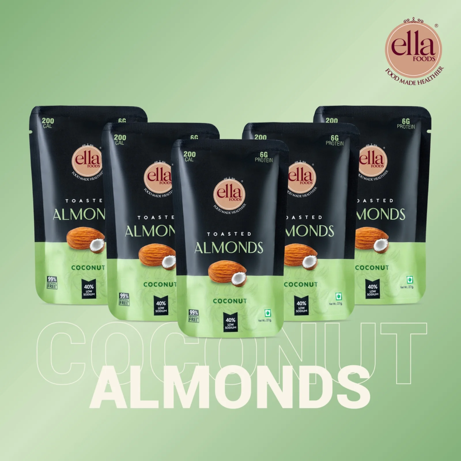 Ella Foods Coconut Toasted Almonds Mini Pack (5 x 27g) | Roasted Almond Snack | 40% Low Sodium | Naturally Sweet & Crunchy | Healthy On-the-Go Snack | 6-Month Shelf Life - Image 6