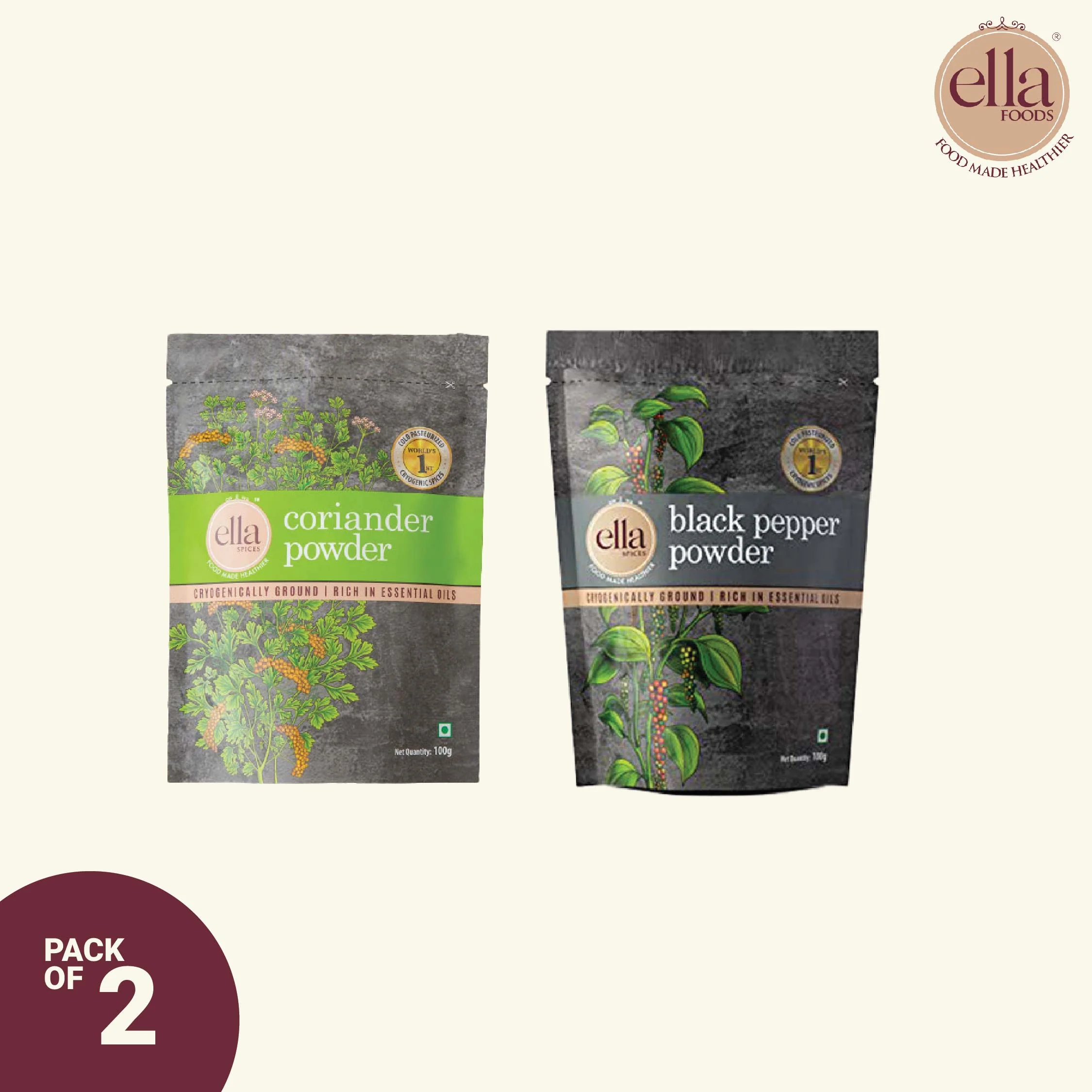 Ella Foods Coriander & Black Pepper Powder Combo Pack | Pack of 2| 100g Each | Shelf Life - 18 months