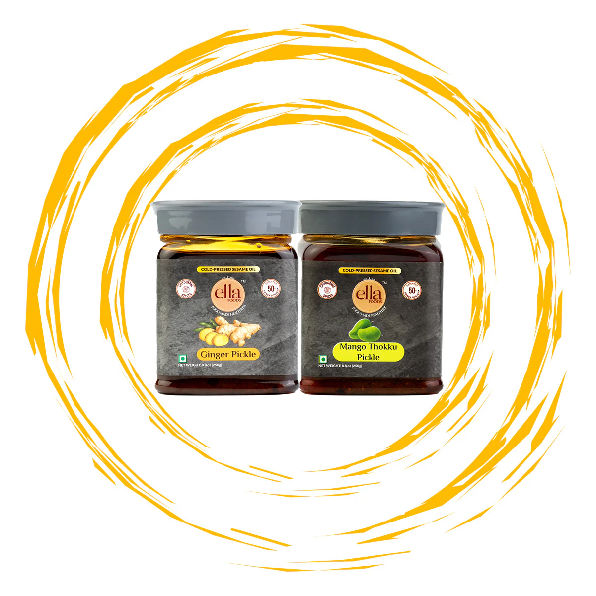Ella Foods Ginger & Mango Pickle Combo | Low Sodium | Pack of 2 x 250g | Cold-Pressed Sesame Oil | Indian Style Pickles | Shelf Life - 12 months - Image 3