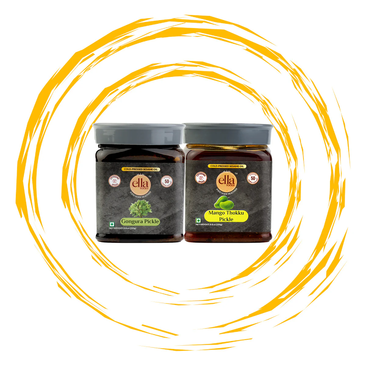 Ella Foods Gongura & Mango Pickle Combo | Pack of 2 (250g Each) | Low Sodium | Cold-Pressed Sesame Oil | 12-Month Shelf Life | Authentic South Indian Pickles - Image 3
