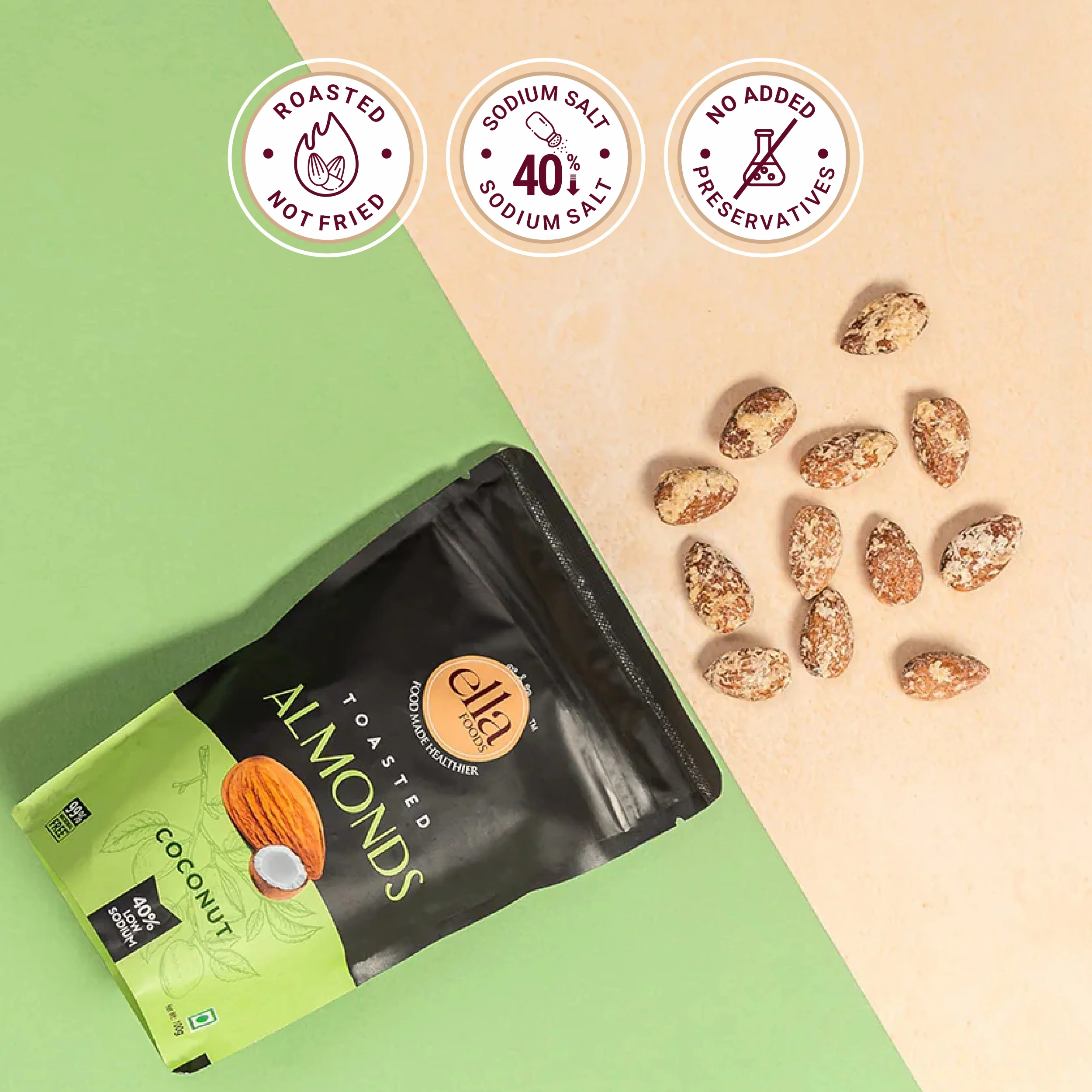 Ella Foods Gourmet Almond Trio | Salted, Peri Peri & Coconut Toasted Almonds (100g Each) | Pack of 3 | 40% Low Sodium | Healthy Roasted Almond Snack Gift Pack - Image 8