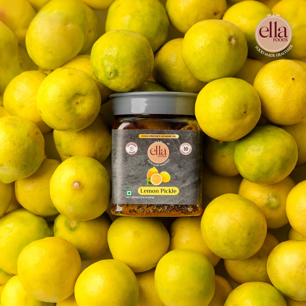 Ella Foods Lemon Pickle | 250g | Low Sodium | Cold-Pressed Sesame Oil | 12-Month Shelf Life | Fermented Indian Pickle