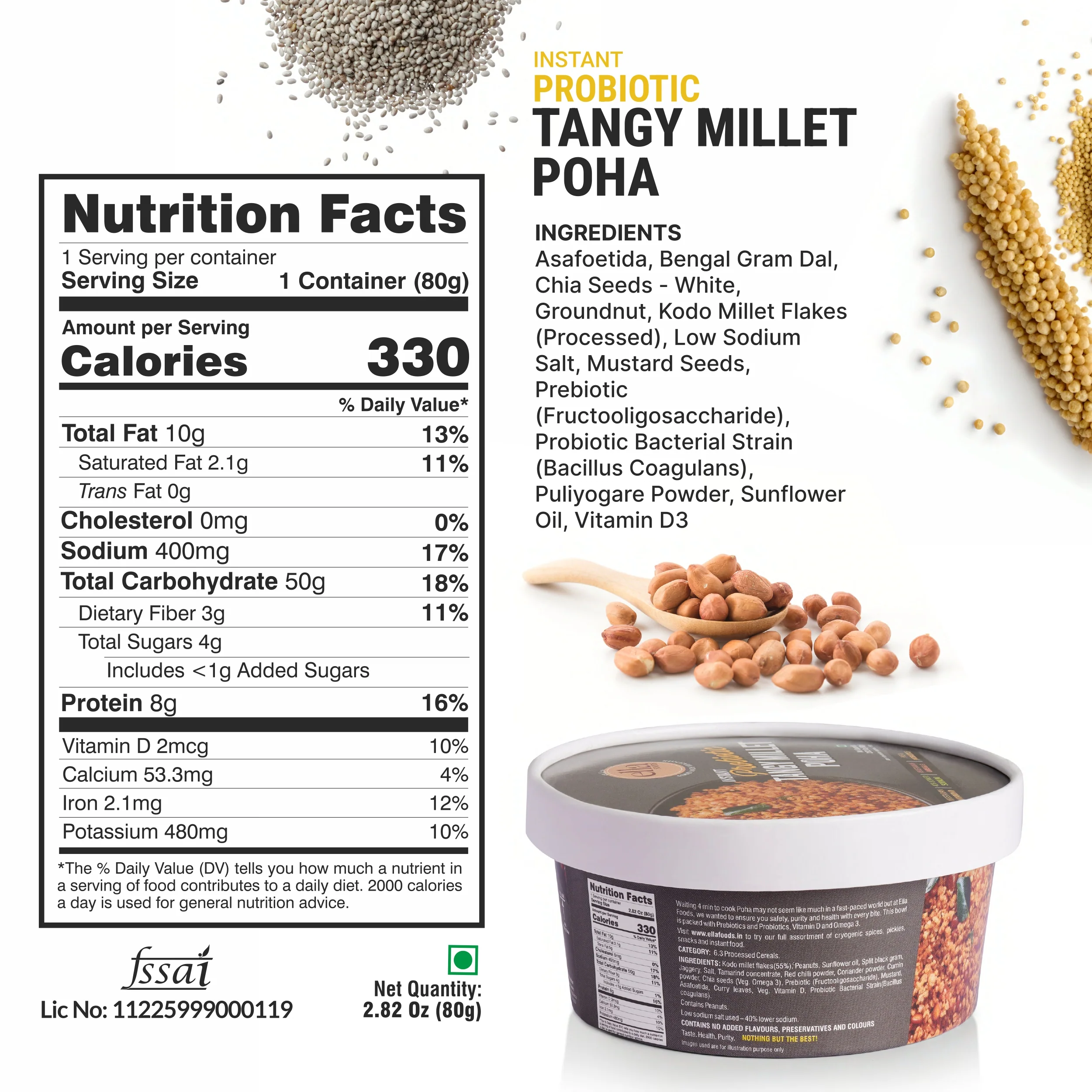 Ella Foods Millet Delight Combo | Millet Khara Pongal, Tangy Millet Poha, Chilli Lime Cashews (27g) & Peri Peri Almonds (27g) | Healthy Ready-to-Eat Meal & Snack Pack - Image 9