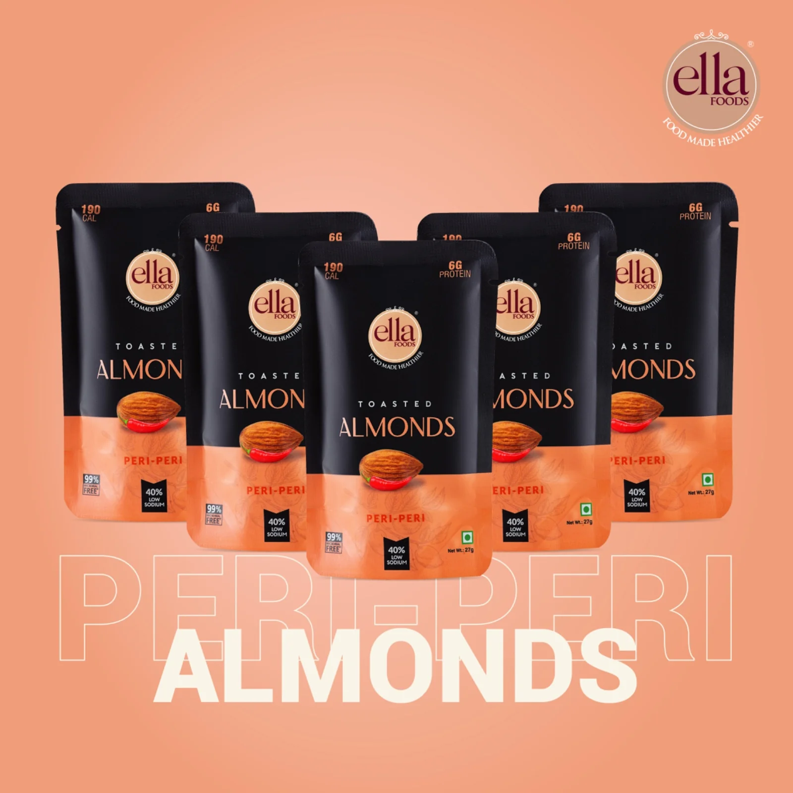 Ella Foods Peri Peri Almonds Mini Pack (5 x 27g) | Spicy Roasted Almond Snack | 40% Low Sodium | Healthy Travel Snack | 6-Month Shelf Life | No Preservatives - Image 6