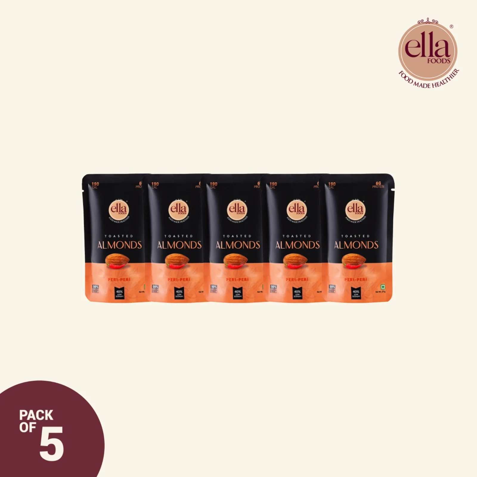 Ella Foods Peri Peri Almonds Mini Pack (5 x 27g) | Spicy Roasted Almond Snack | 40% Low Sodium | Healthy Travel Snack | 6-Month Shelf Life | No Preservatives - Image 7