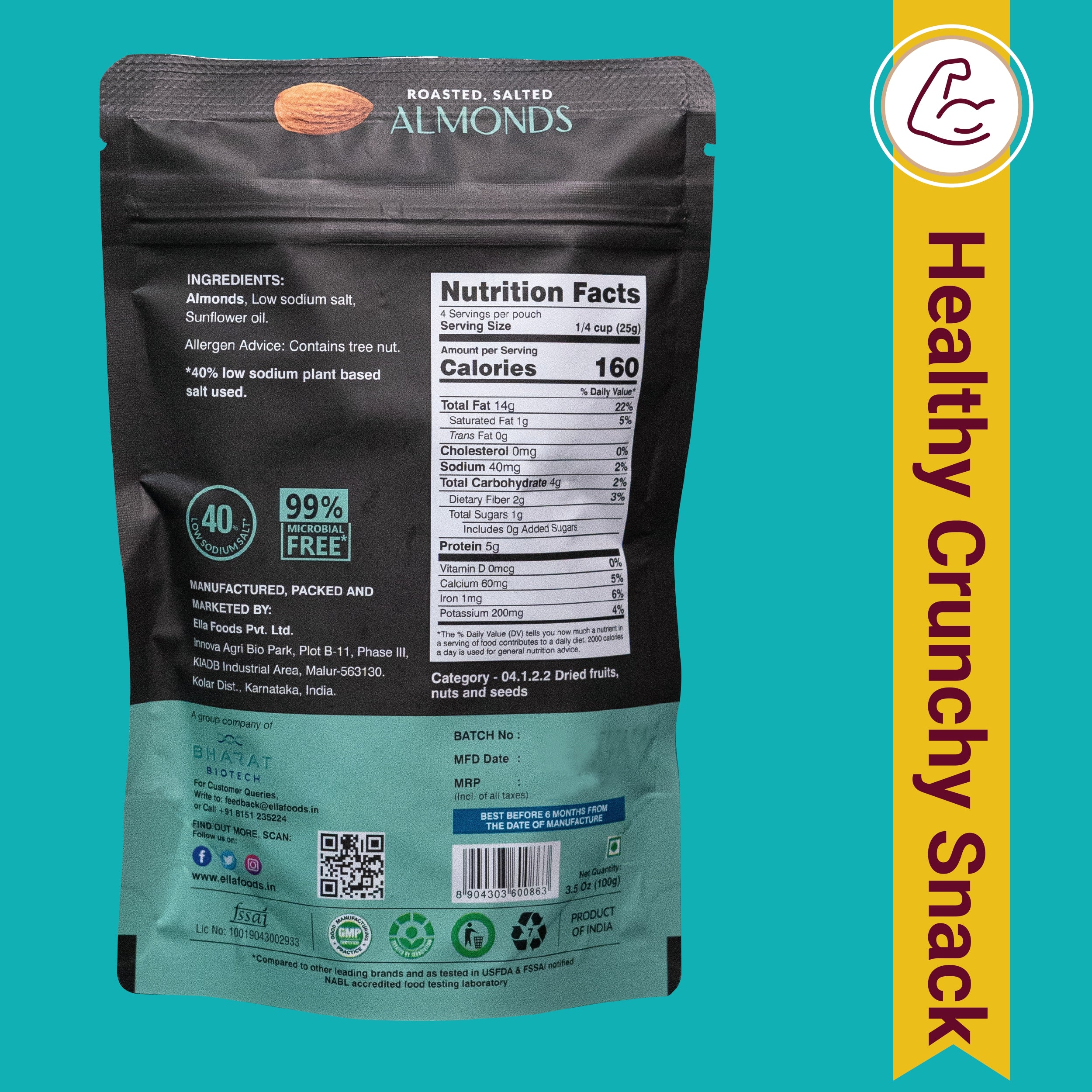 Ella Foods Salted Almonds & Coconut Toasted Almonds Combo (2 x 100g) | 40% Low Sodium Salt | Roasted Almond Snacks | Healthy Nut Combo | 6-Month Shelf Life - Image 3