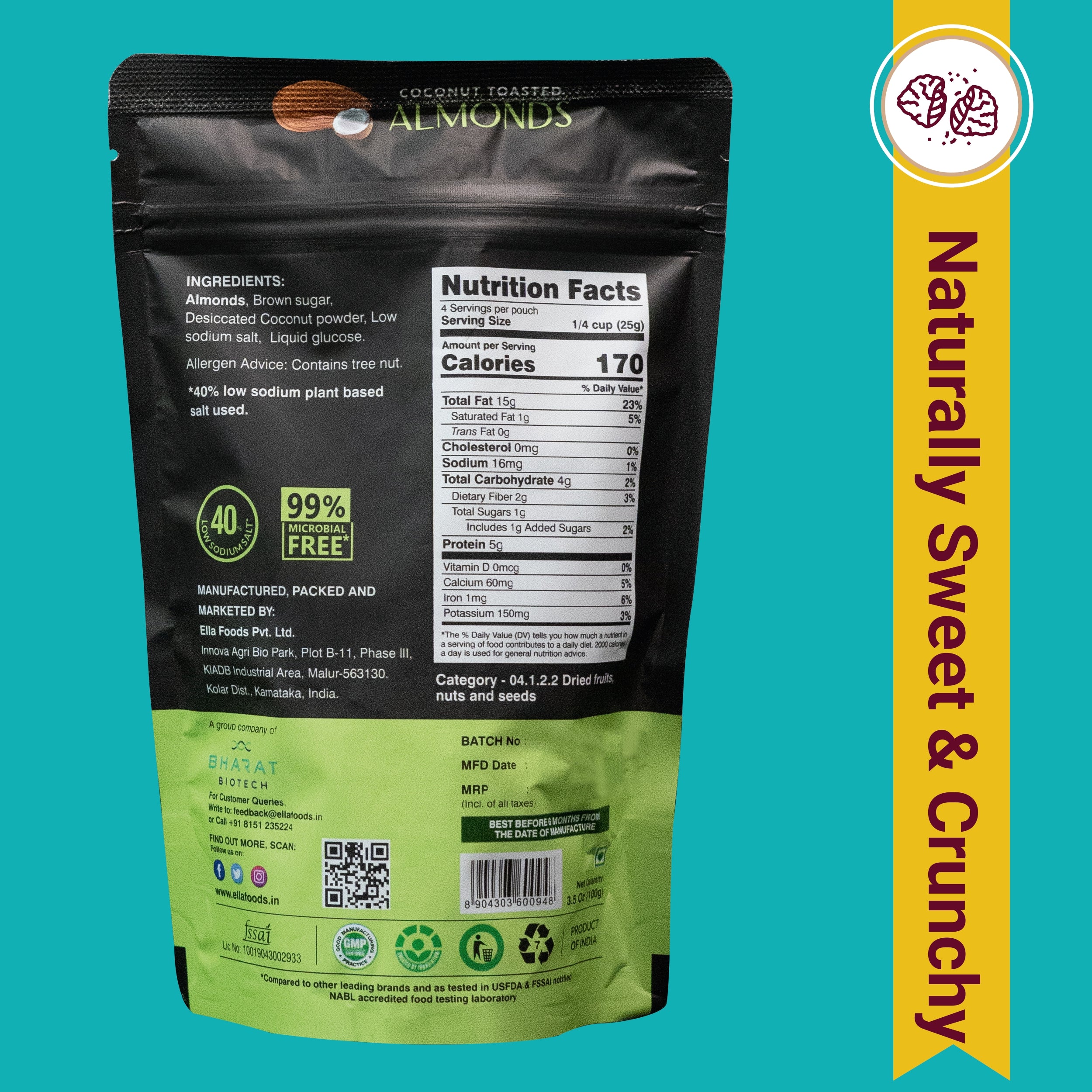 Ella Foods Salted Almonds & Coconut Toasted Almonds Combo (2 x 100g) | 40% Low Sodium Salt | Roasted Almond Snacks | Healthy Nut Combo | 6-Month Shelf Life - Image 6