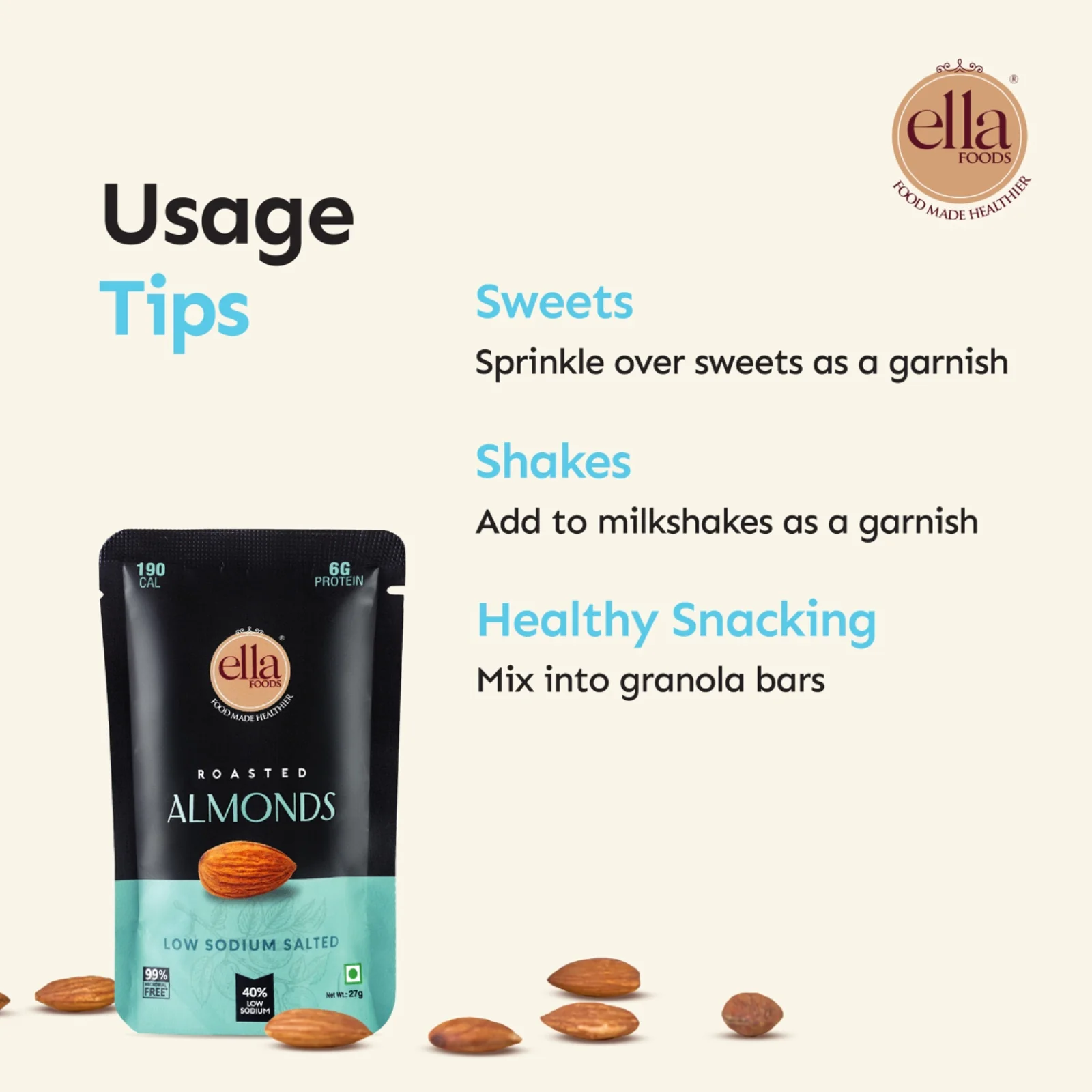 Ella Foods Salted Almonds Mini Pack (5 x 27g) | 40% Low Sodium Roasted Almond Snack | Healthy On-the-Go Snack | 6-Month Shelf Life - Image 5