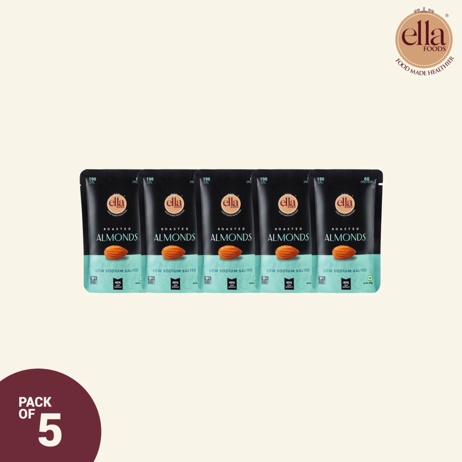 Ella Foods Salted Almonds Mini Pack (5 x 27g) | 40% Low Sodium Roasted Almond Snack | Healthy On-the-Go Snack | 6-Month Shelf Life - Image 6