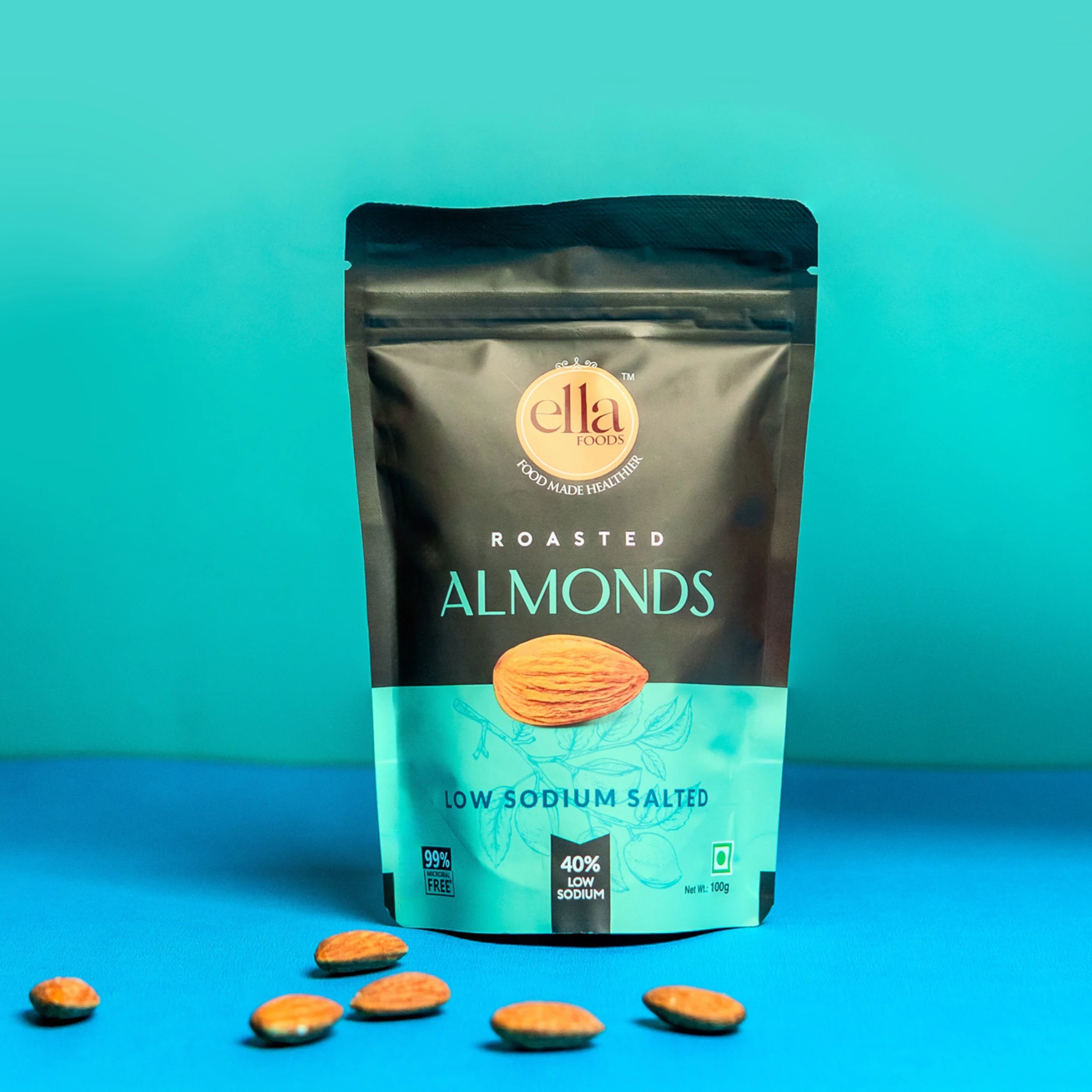 Ella Foods Salted Almonds & Peri Peri Almonds Combo (2 x 100g) | 40% Low Sodium Salt | Roasted Almond Snacks | Spicy & Classic Almond Combo | 6-Month Shelf Life - Image 2