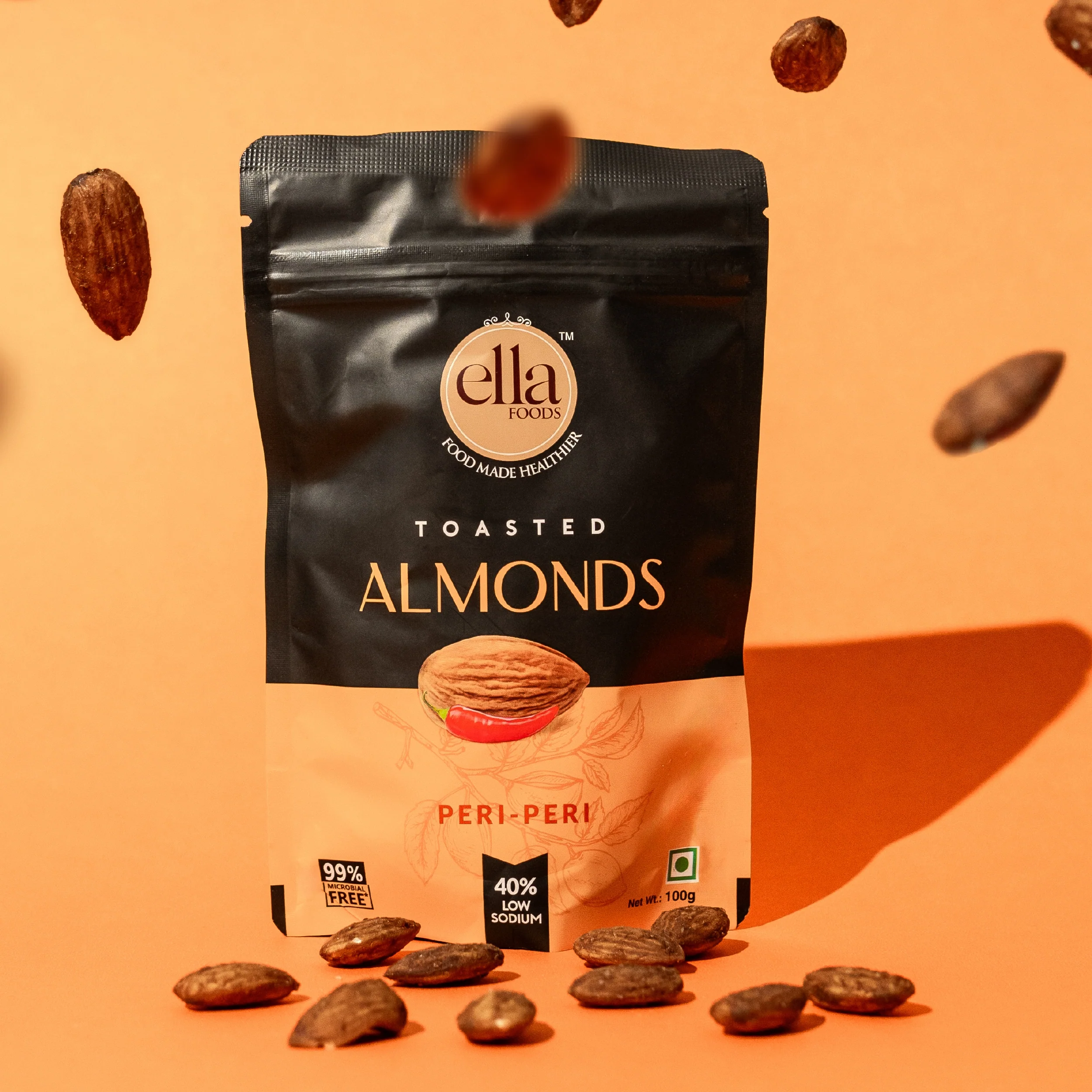 Ella Foods Salted Almonds & Peri Peri Almonds Combo (2 x 100g) | 40% Low Sodium Salt | Roasted Almond Snacks | Spicy & Classic Almond Combo | 6-Month Shelf Life - Image 5