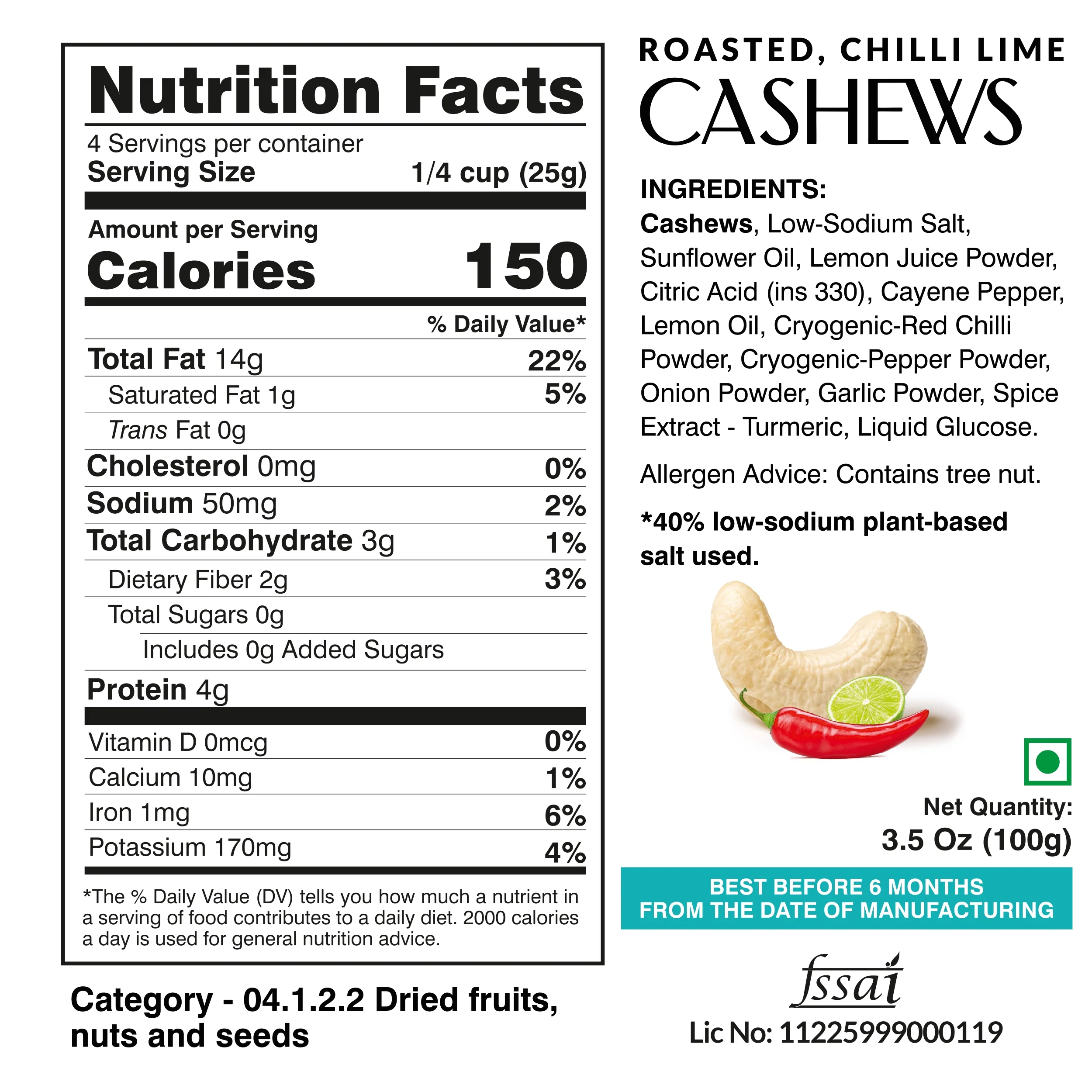 Ella Foods Salted Cashews & Chilli Lime Cashews Combo | Pack of 2 x 100g | 40% Low Sodium Salt | Roasted Cashew Snacks | Tangy & Classic Flavours | 6-Month Shelf Life - Image 7