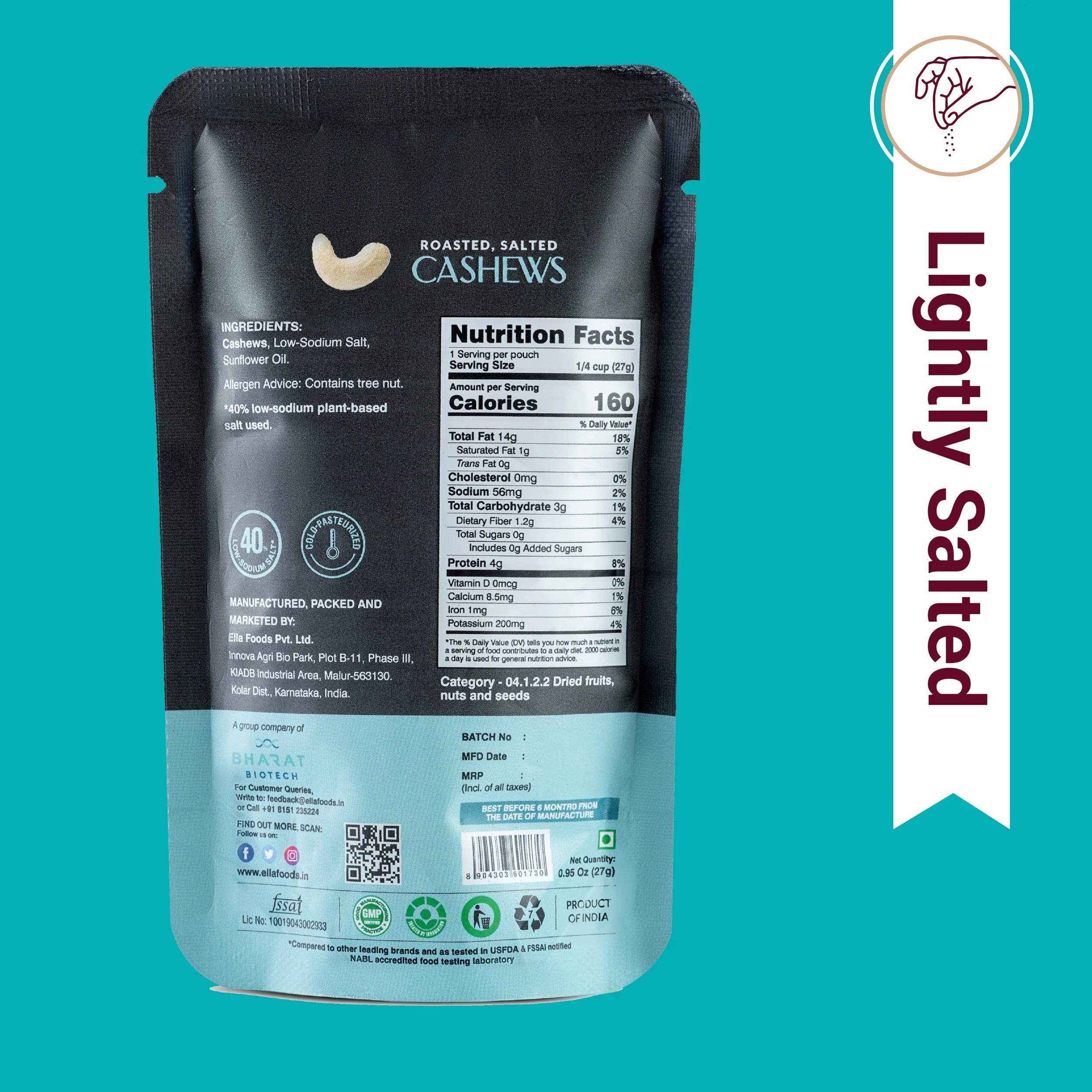 Ella Foods Salted Cashews Mini Pack (5 x 27g) | 40% Low Sodium Roasted Cashew Snack | Healthy Travel Snack | 6-Month Shelf Life - Image 2