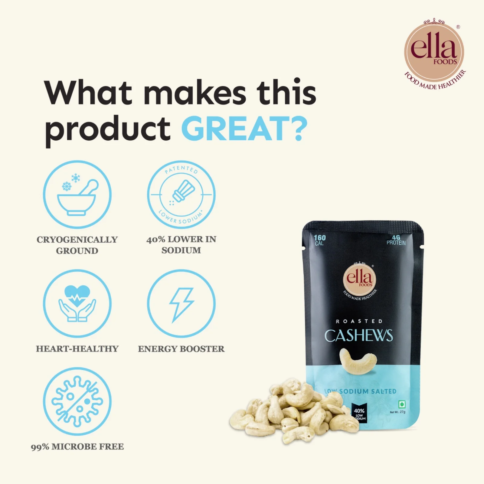 Ella Foods Salted Cashews Mini Pack (5 x 27g) | 40% Low Sodium Roasted Cashew Snack | Healthy Travel Snack | 6-Month Shelf Life - Image 3