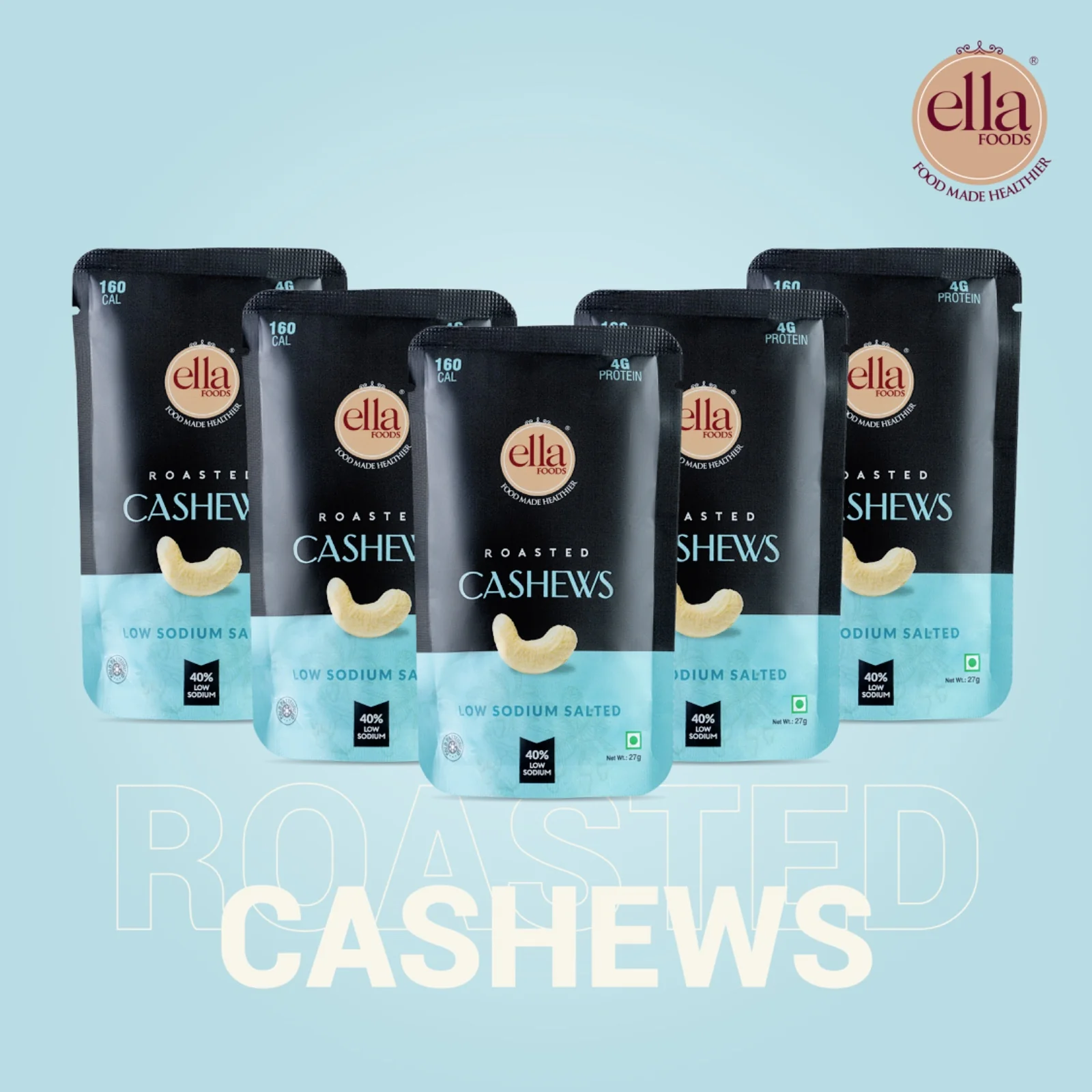 Ella Foods Salted Cashews Mini Pack (5 x 27g) | 40% Low Sodium Roasted Cashew Snack | Healthy Travel Snack | 6-Month Shelf Life - Image 5
