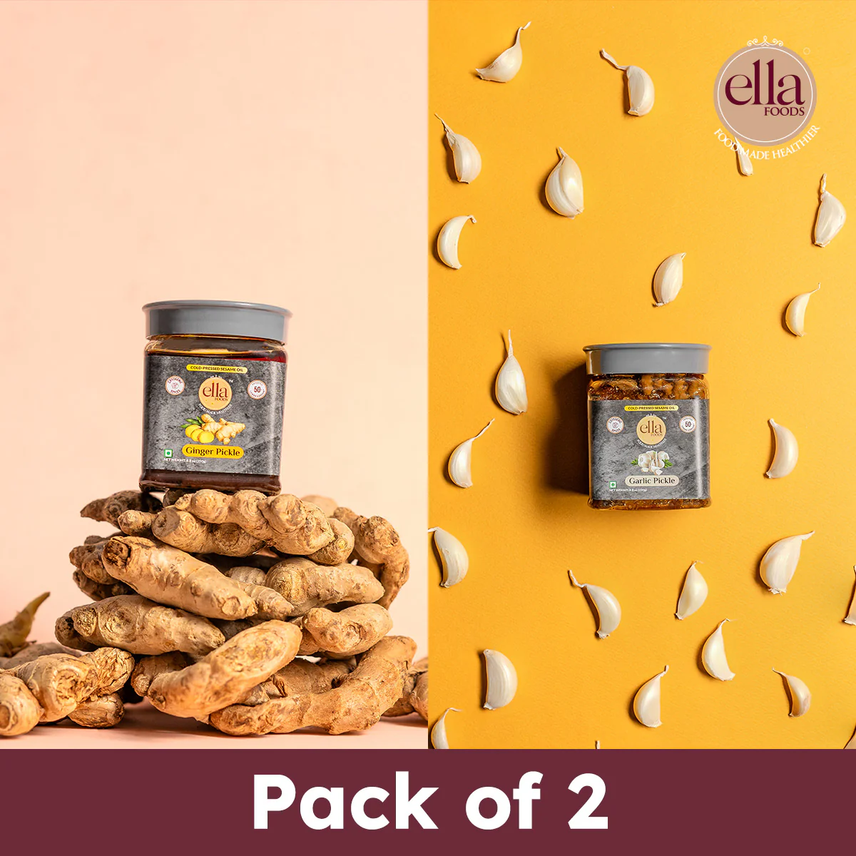 Ella Foods Ginger & Garlic Pickle Combo | Pack of 2 (250g Each) | Low Sodium | Cold-Pressed Sesame Oil | 12-Month Shelf Life | Traditional Indian Pickles - Image 3