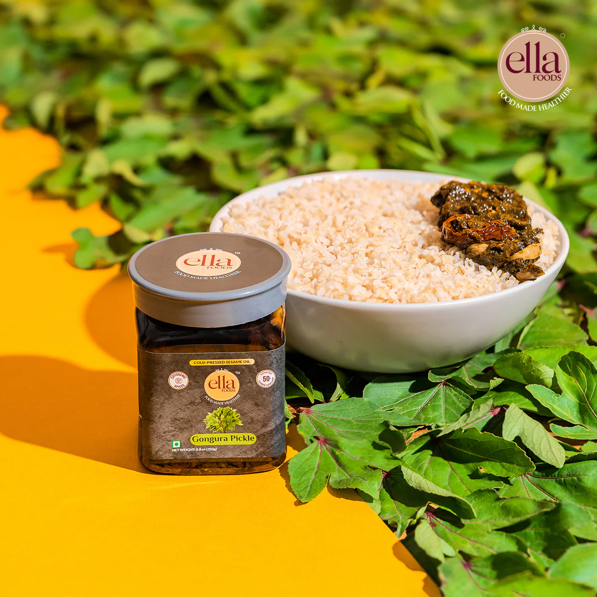 Ella Foods Gongura Pickle | 250g | Low Sodium | Cold-Pressed Sesame Oil | 12-Month Shelf Life | Authentic Andhra-Style Pickle
