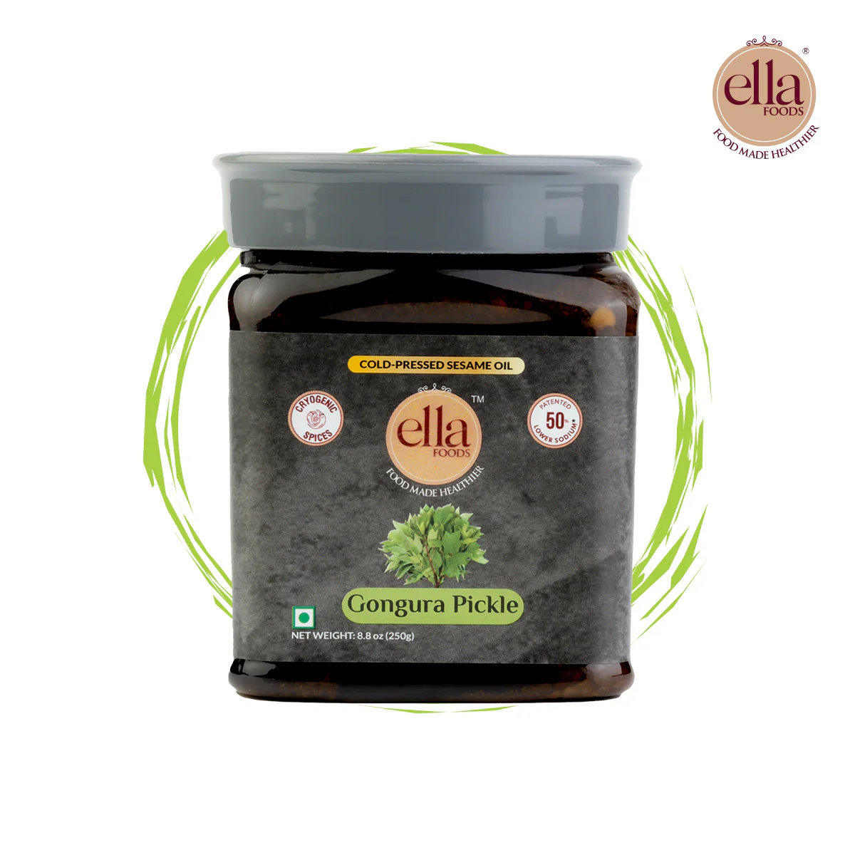 Ella Foods Gongura Pickle | 250g | Low Sodium | Cold-Pressed Sesame Oil | 12-Month Shelf Life | Authentic Andhra-Style Pickle - Image 3
