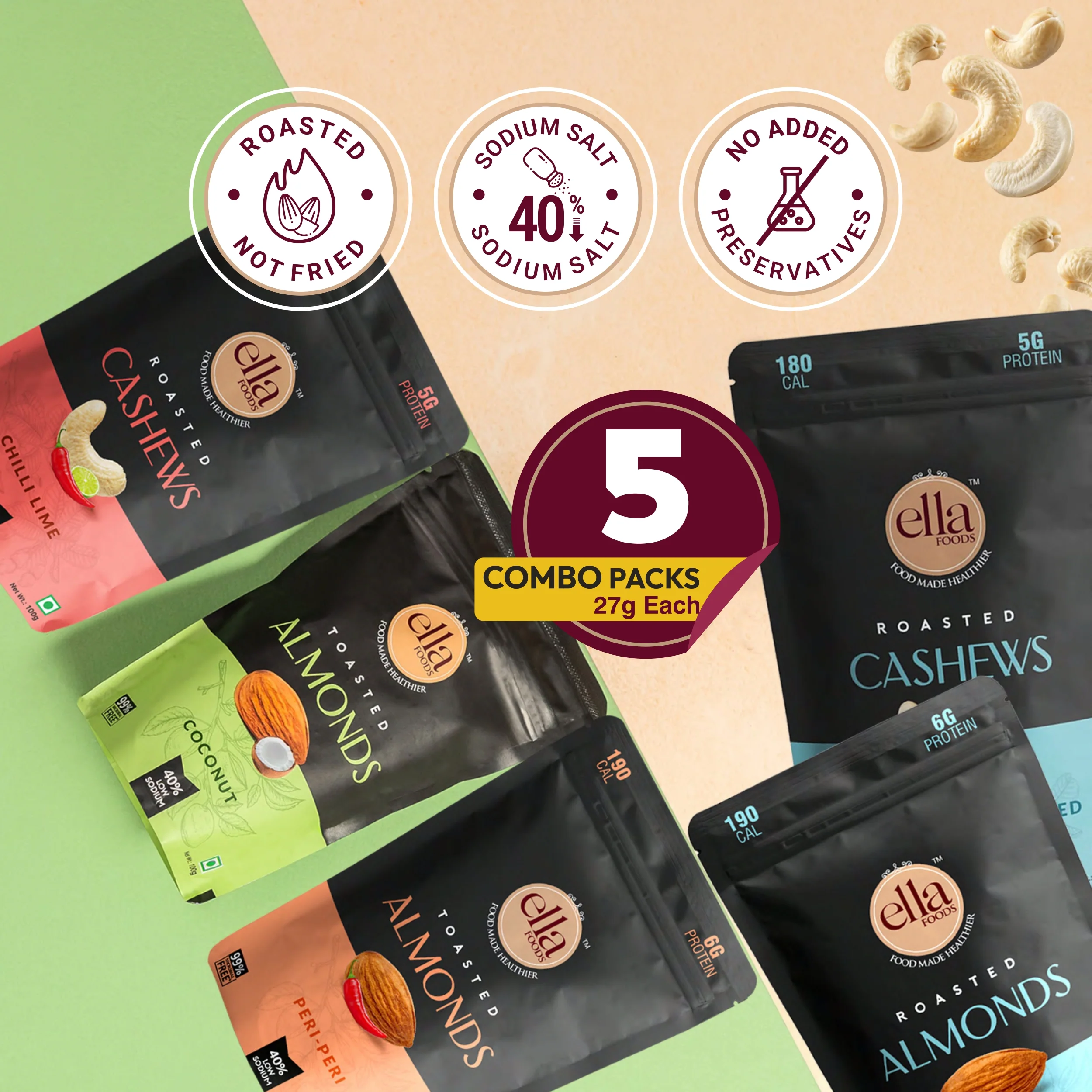 Ella Foods Healthy Nuts Combo (Pack of 5 x 100g) | Salted Almonds, Salted Cashews, Chilli Lime Cashews, Peri Peri Almonds & Coconut Toasted Almonds | Roasted Nut Snacks | 40% Low Sodium