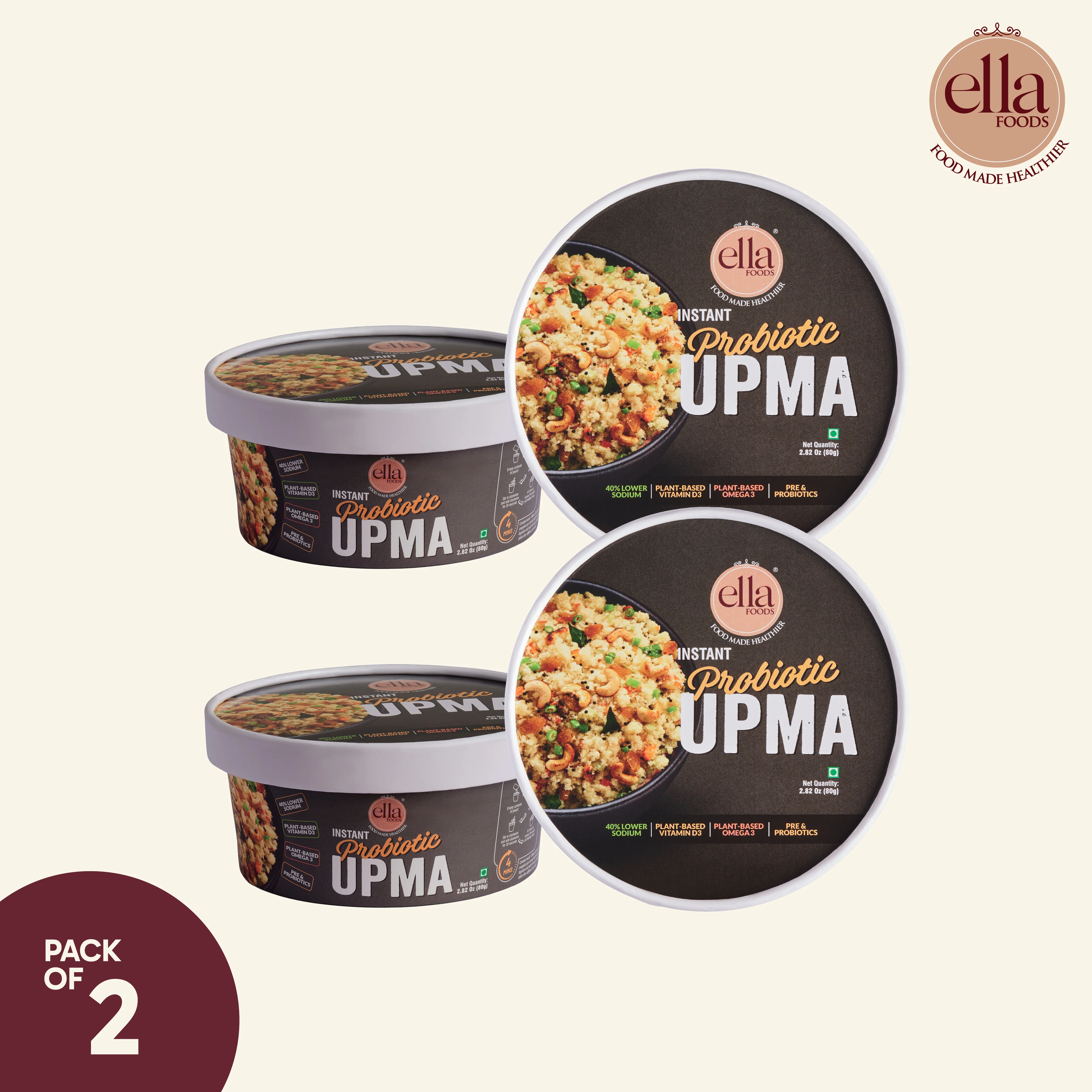 Ella Foods Probiotic Instant Upma | Ready to Eat | Added Pre & Probiotics | 65g | Shelf Life: 6 Months | Pack of 2