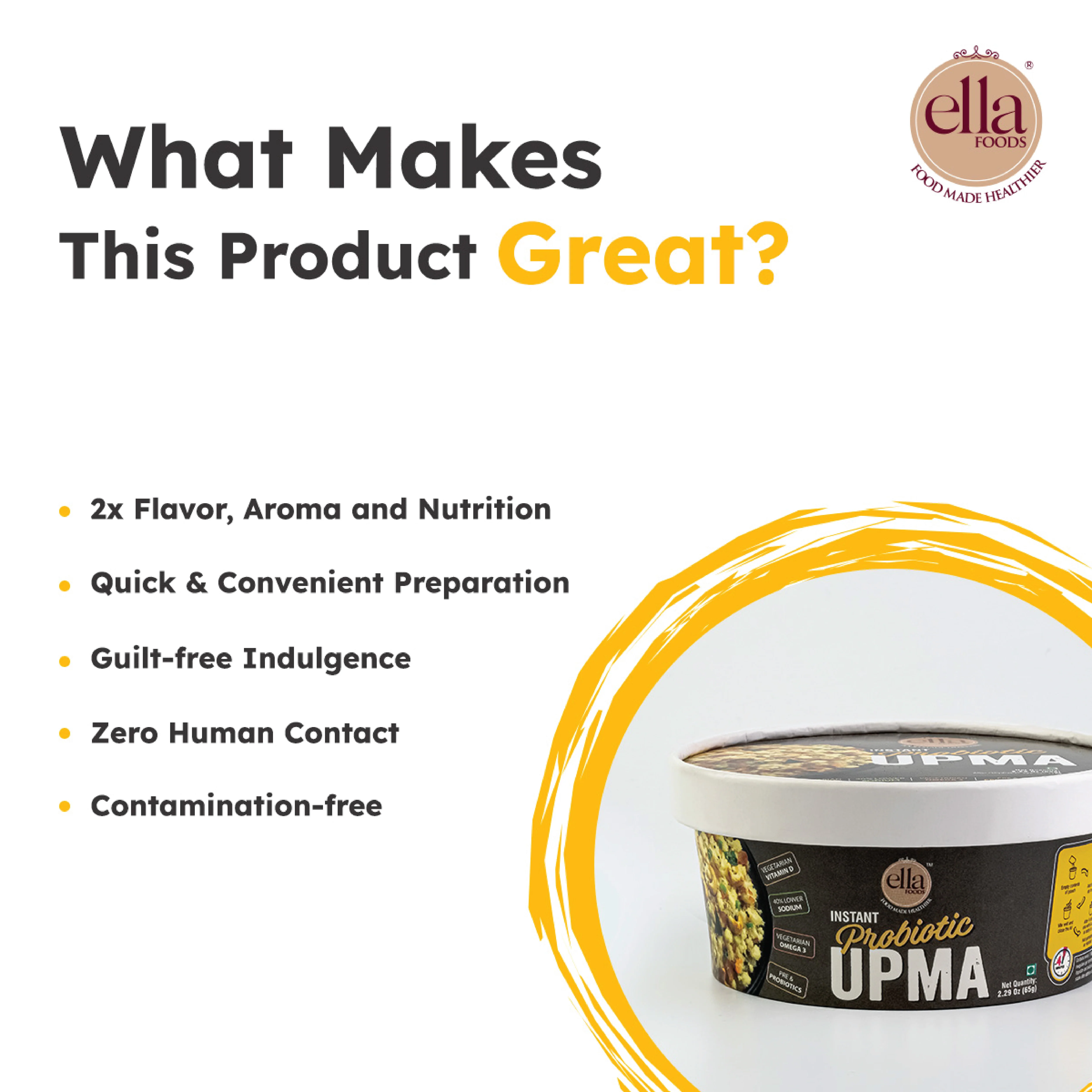 Ella Foods Probiotic Instant Upma | Ready to Eat | Added Pre & Probiotics | 65g | Shelf Life: 6 Months | Pack of 2 - Image 2