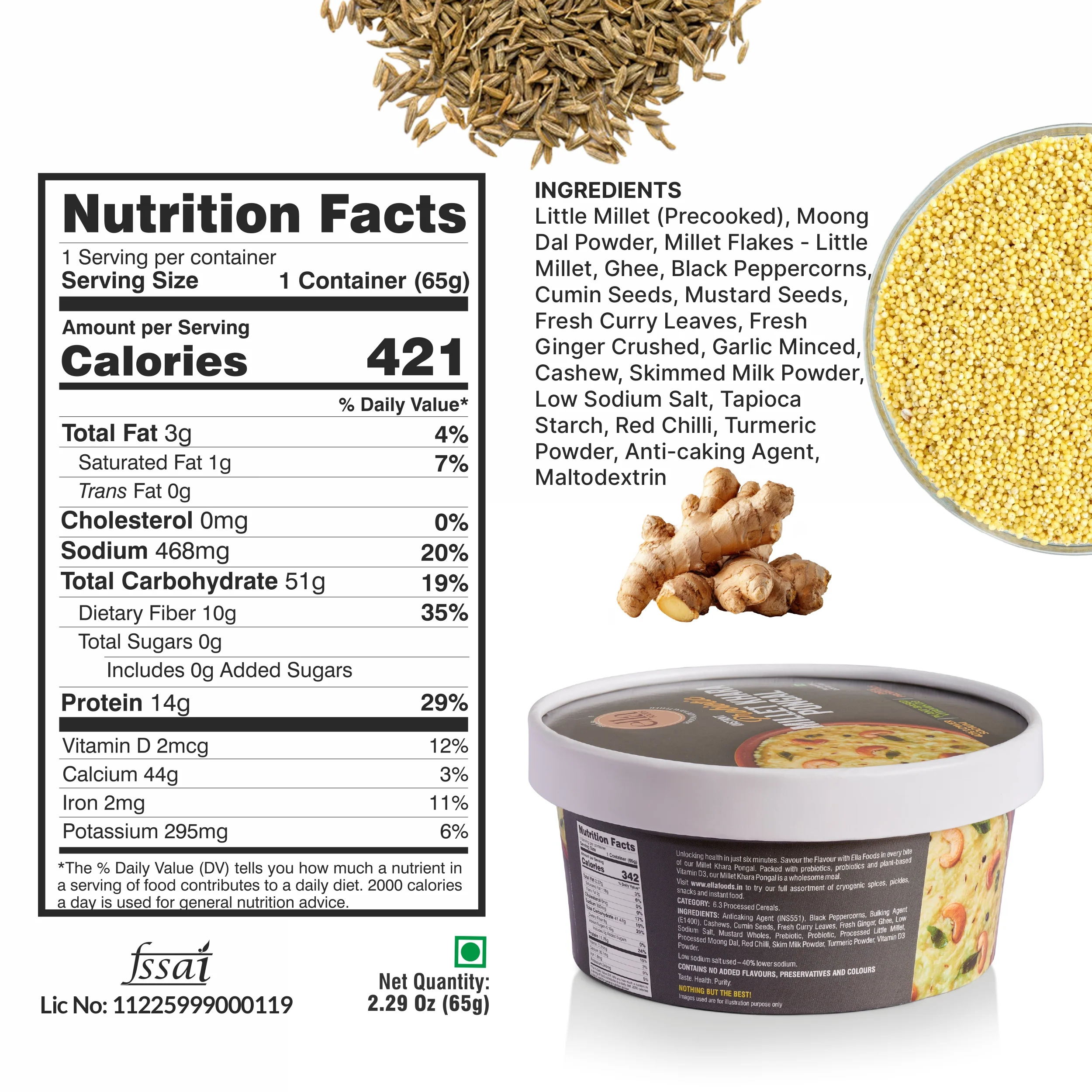 Ella Foods Probiotic Millet Khara Pongal | Ready to Eat | 65g Each | Shelf Life: 6 Months| Pack of 2 - Image 5