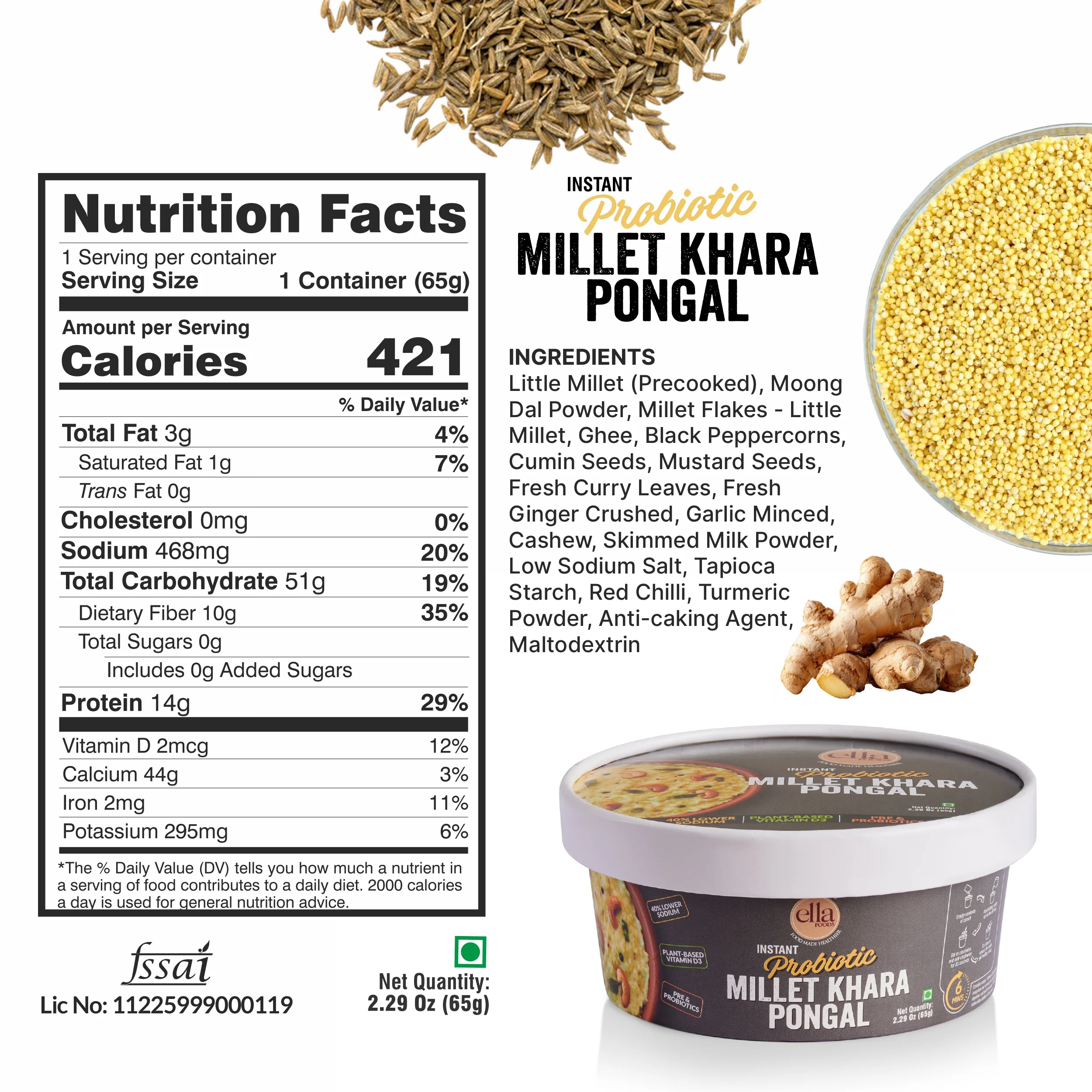 Ella Foods Ready to Eat Combo Pack of 3 | Traditional Millet Khara Pongal + Millet Sweet Pongal + Instant Upma | Pack of 3 | 65g Each | Authentic South Indian Breakfast | Pure Vegetarian | No Preservatives | 6 Months - Shelf Life - Image 4