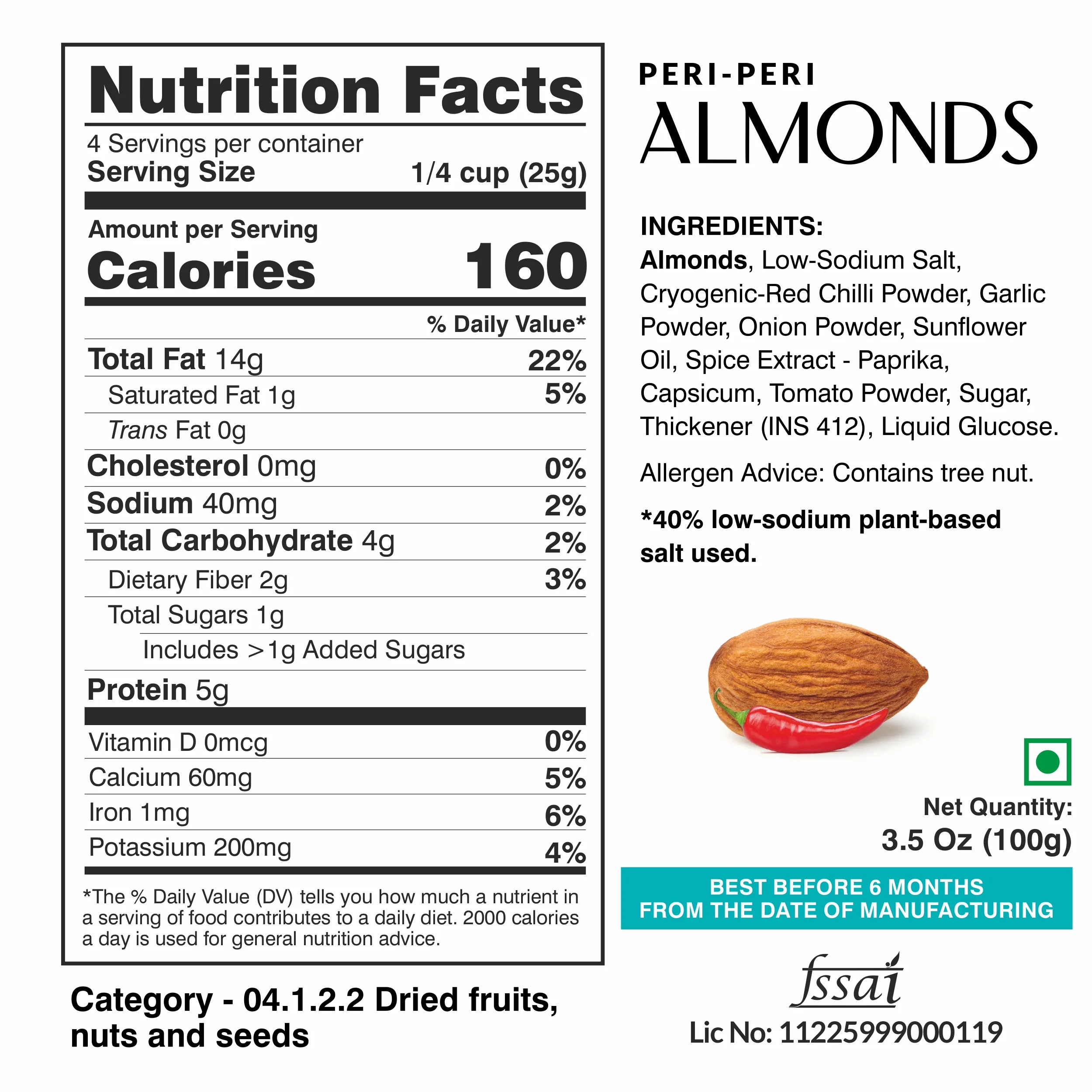 Ella Foods Salted Cashews & Peri Peri Almonds Combo | Pack of 2 x 100g | 40% Low Sodium Salt | Roasted Nut Snacks | Classic & Spicy Flavours | 6-Month Shelf Life - Image 6