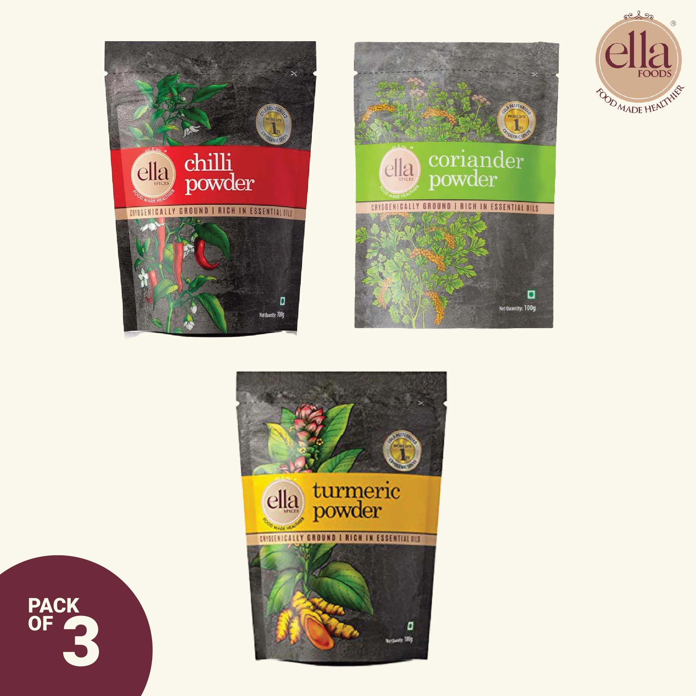 Ella Foods Spices Combo | Pack of 3 (100g Each) | Chilli, Turmeric & Coriander Powder | Cryogenically Ground | No Additives | 100% Pure & Aromatic