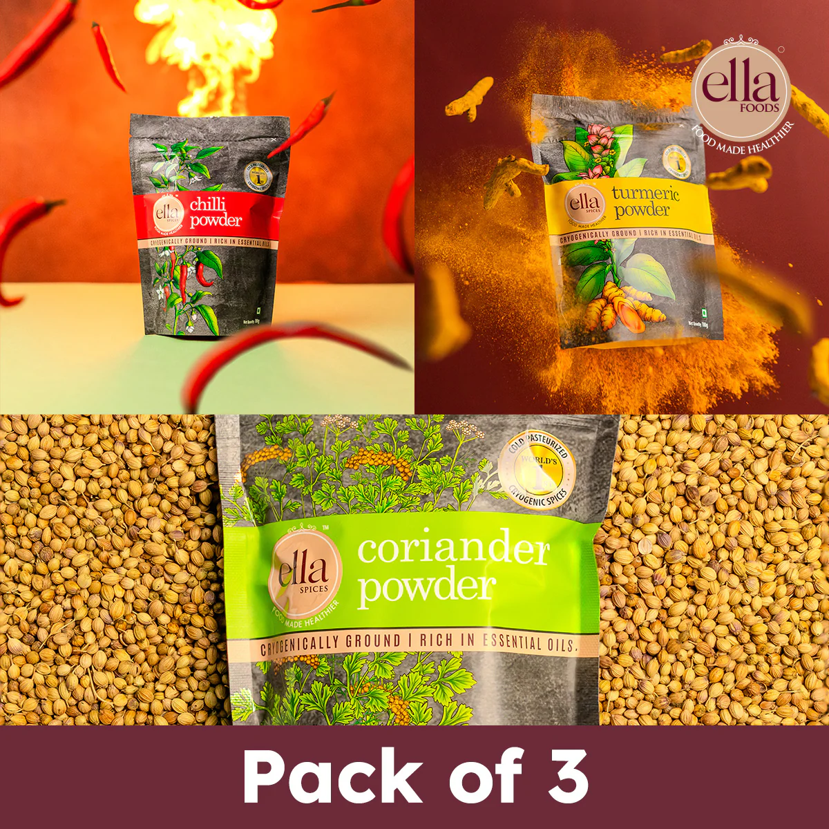 Ella Foods Spices Combo | Pack of 3 (100g Each) | Chilli, Turmeric & Coriander Powder | Cryogenically Ground | No Additives | 100% Pure & Aromatic - Image 2