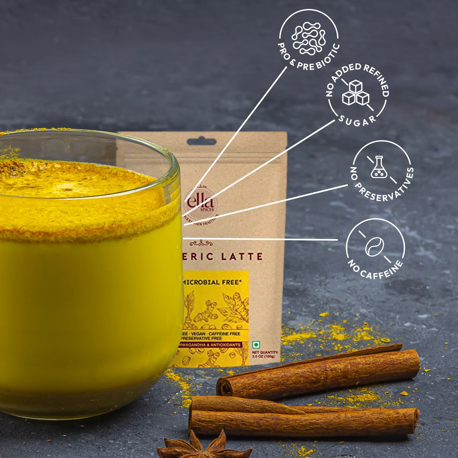 Ella Foods Turmeric Latte Premix | High-Curcumin Golden Milk with Ashwagandha, Probiotics & Healing Spices | No Added Sugar | 100 g - Image 3
