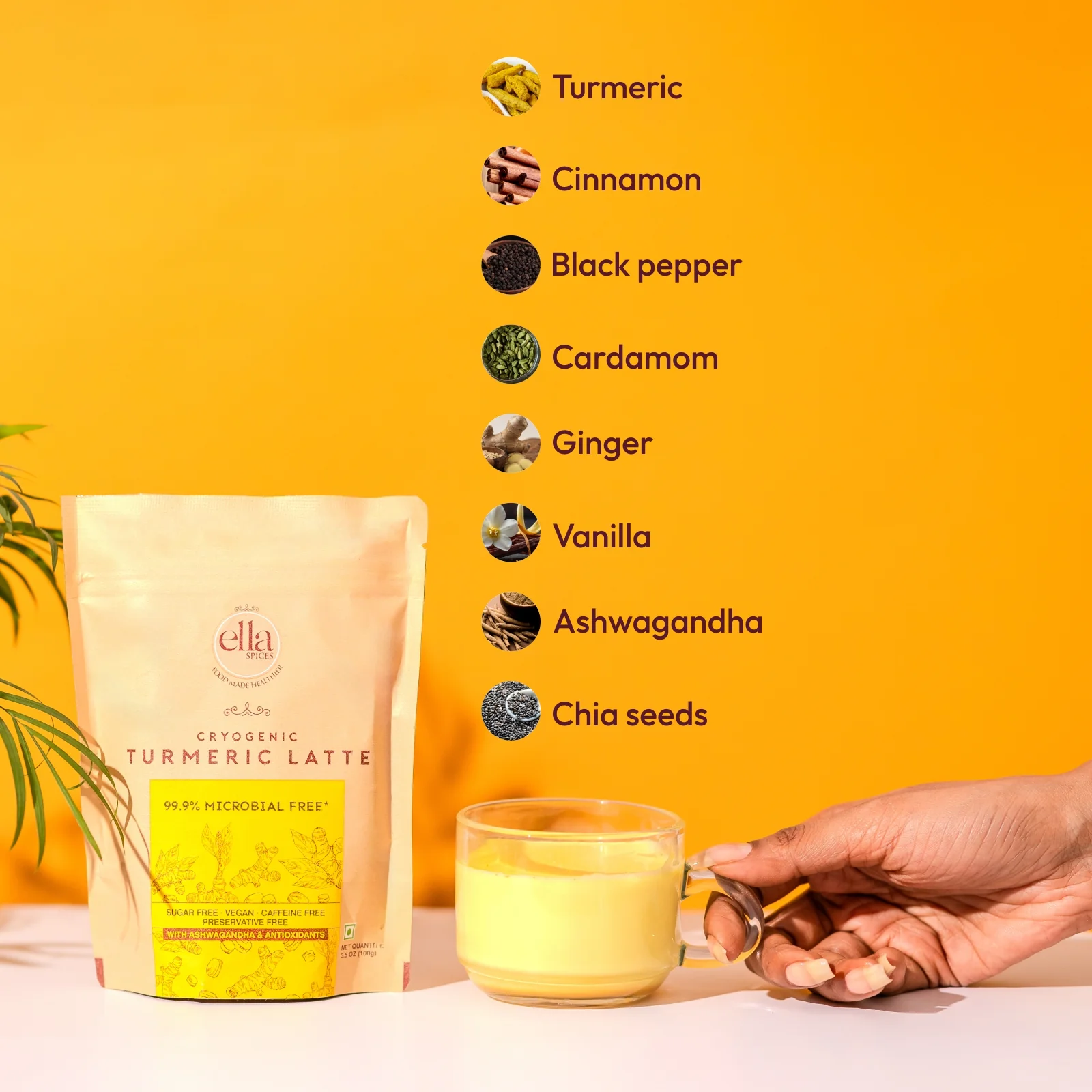 Ella Foods Turmeric Latte Premix | High-Curcumin Golden Milk with Ashwagandha, Probiotics & Healing Spices | No Added Sugar | 100 g - Image 5