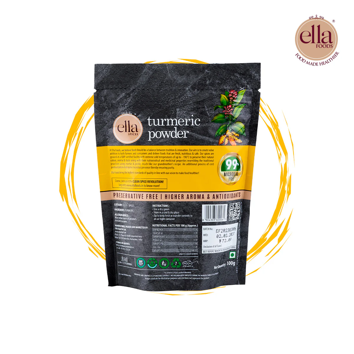 Ella Foods Turmeric (Haldi) Powder | Pack of 4 (100g Each) | High Curcumin | 100% Pure & Natural | Cryogenically Ground | 18-Month Shelf Life | No Additives - Image 8